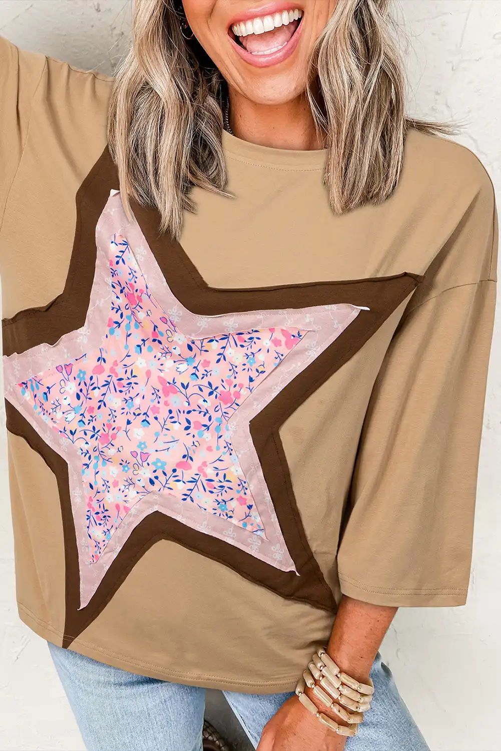 Camel Floral Star Patchwork 3/4 Wide Sleeve T Shirt